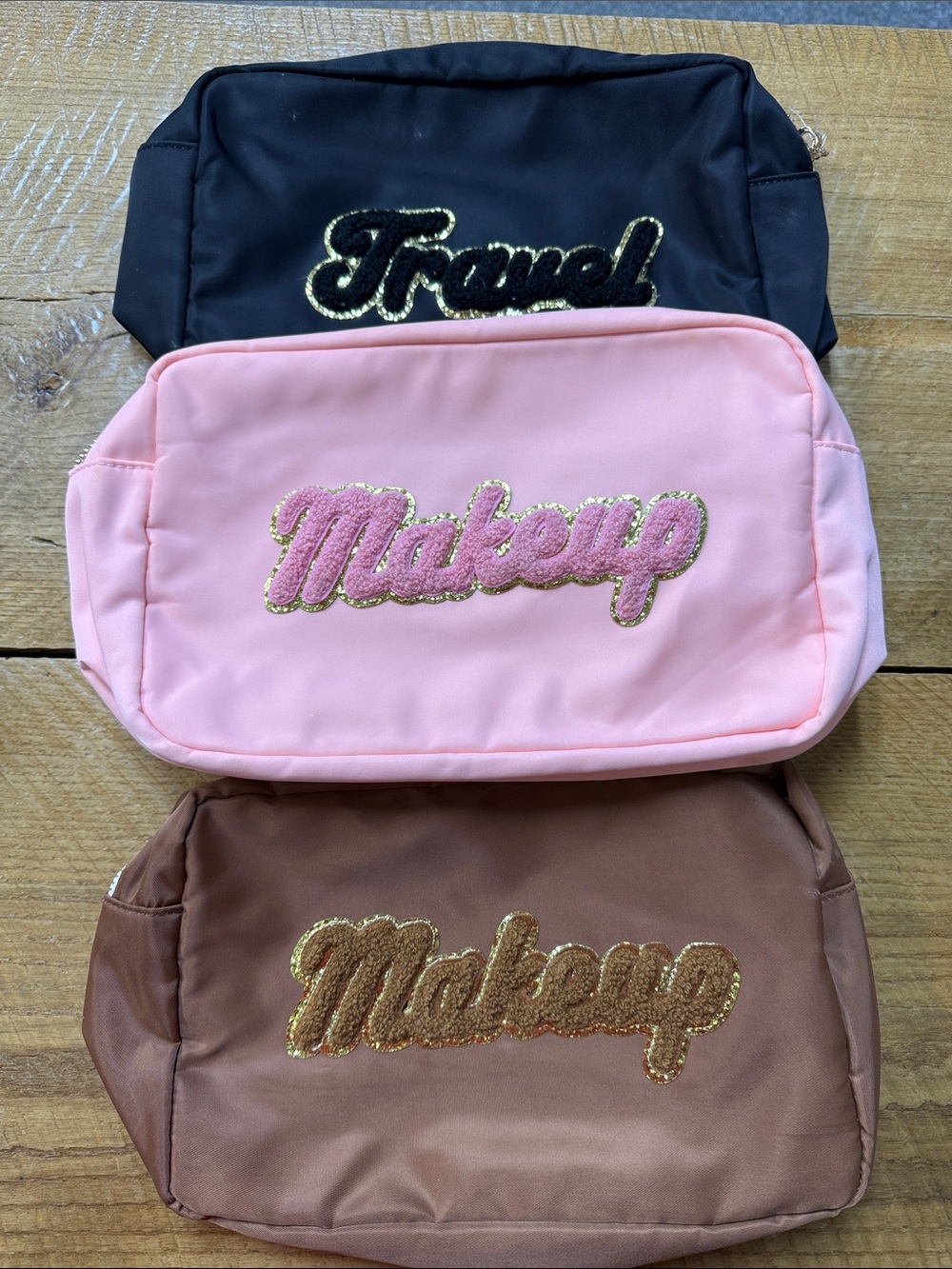 Pink Lily Pink & Black & Brown 'Makeup' Embroidered Cosmetic Pouch Set